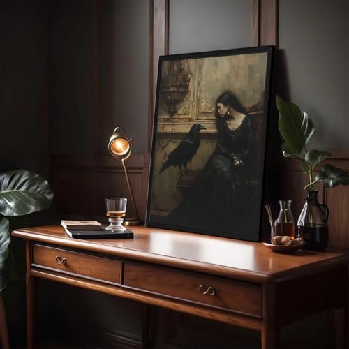 Dark Academia Wall Art Set of 3 - Gothic Vintage Witch Raven Full Moon Halloween Canvas Prints, 16 x 12 inches, Framed