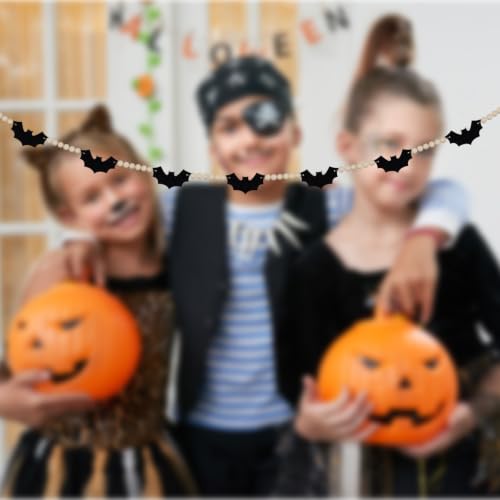 Halloween Felt Bat Garland with Wood Beads - Mantel Decor, Spooky Rustic Halloween Decoration - Bat Variation