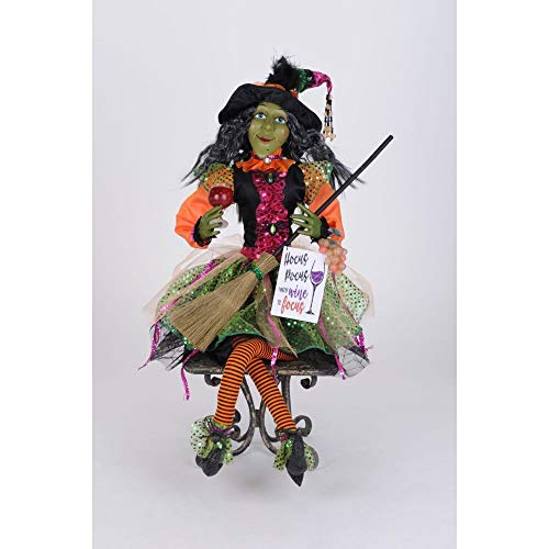 Glitzy Halloween Witch Figurine with Wine-Themed Accessories - 26 Inch Decor