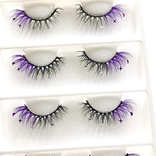 Glitter Rhinestone False Eyelashes - Purple Moon & Star Sequins, Wispy Reusable Fake Lashes for Party & Cosplay - 4 Pairs