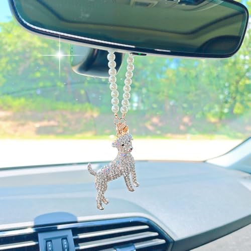 White Sparkling Dog Car Mirror Hanging Ornament with Pearl Chain - Bling Rearview Mirror Accessory