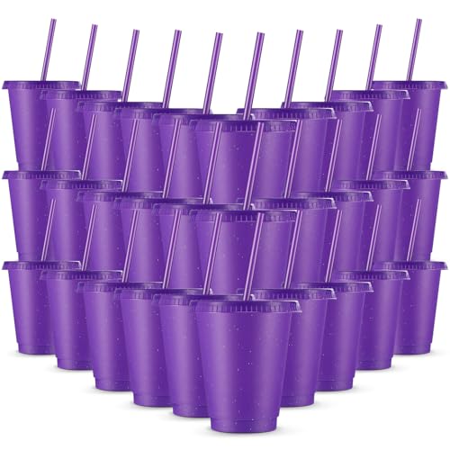 Reusable Plastic Cups with Lids and Straws - 16 oz Purple Glitter Set of 30