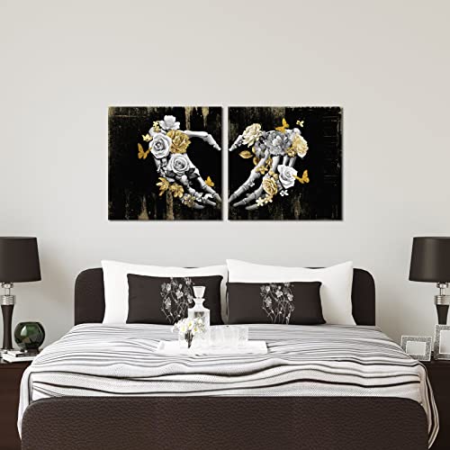 Large Gothic Skull Wall Art Decor Set - Black, Gray & Gold Framed Canvas Artwork (24x24 Inch, 2 Pieces)
