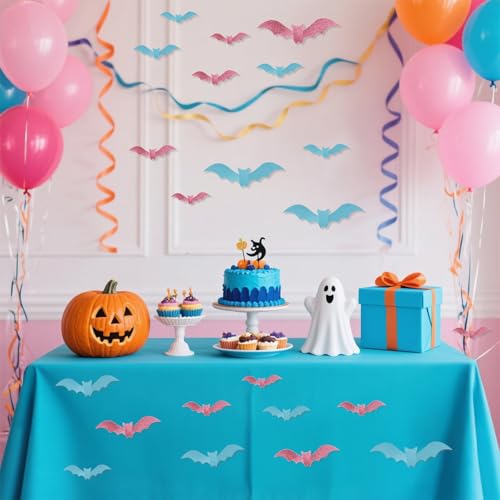 Halloween 3D Glitter Paper Bat Wall Decorations - Pink & Blue, 48 Pcs, 4 Sizes
