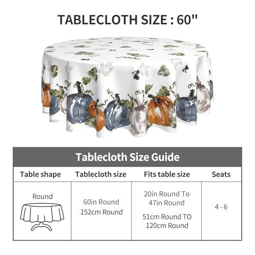 Yellow Hello Fall Watercolor Pumpkin Round Tablecloth 60 Inch Waterproof Autumn Decor