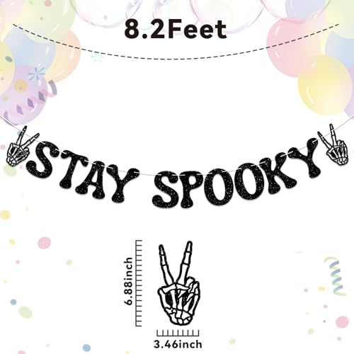 Halloween Banner Stay Spooky Skeleton Peace Sign Glitter Decor - Black