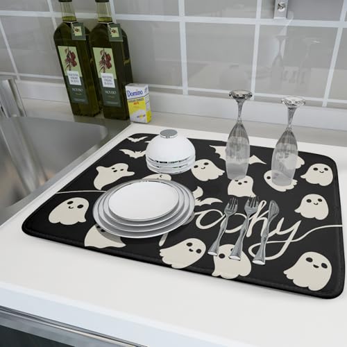 Halloween Dish Drying Mat for Kitchen Counter 18x24 Black Spooky Ghost Reversible Microfiber Absorbent Protector - Variation of THIS listing