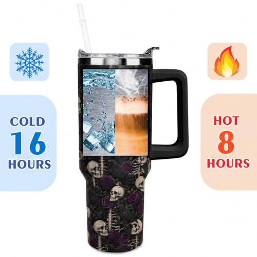 Purple Skull Halloween Tumbler 40oz Insulated Stainless Steel with Handle & Straw