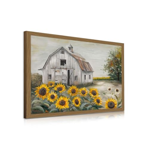 Barn Sunflower Wall Art Canvas - Rustic Farmhouse Decor, 16x12 Inch, Ready to Hang