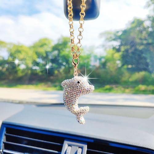 White Bling Dolphin Rear View Mirror Charm - Sparkling Rhinestones Car Decor