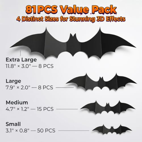 Halloween Bat Wall Decor Stickers - 81pcs Black 3D Spooky Indoor Decorations