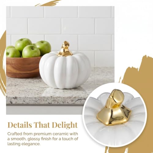 White Ceramic Pumpkin Decor - Halloween Table Ornament for Home & Holiday