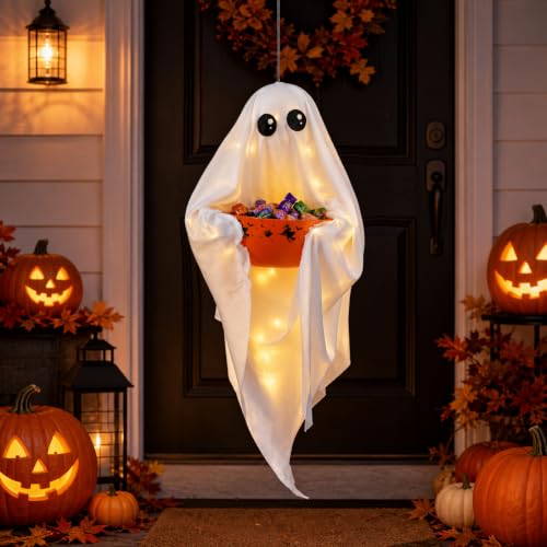 Cute Ghost Lighted Halloween Candy Bowl Hanging Decor - Trick-or-Treat