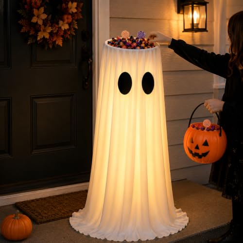 Large White Ghost Candy Bowl Halloween Decoration with Lighted Remote Control for Porch Yard