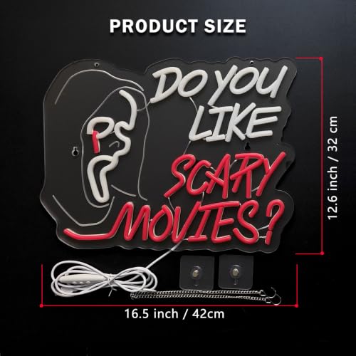 Scary Movies Neon Sign Wall Decor - White+Red Horror Theme for Game Room & Man Cave
