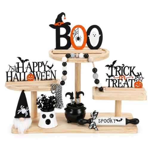 Halloween Metal Sign Set - Happy Halloween Boo Trick or Treat with Wooden Bases - 3 Pieces - Halloween Variation