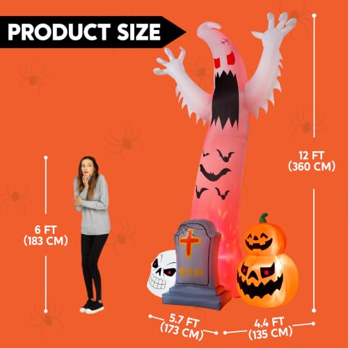 Giant 12FT Spooky Ghost Inflatable Halloween Decoration with Skull Tombstone & Colorful LED Lights - Red Variation