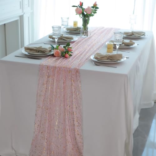 Pink Gold Table Runner 10FT Sheer Gauze Tulle Romantic Decor - Snowkingdom
