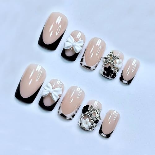 Colorful 8-Piece French Tip Press-On Nails Short Square Fake Nails with Bow Flower Rhinestones