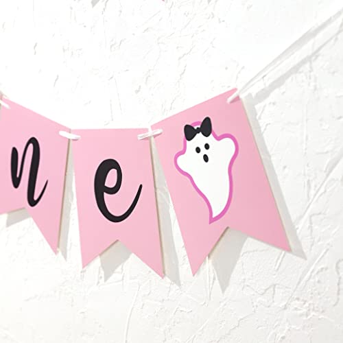 Spooky First Birthday Banner - Pink Ghost Halloween Party Decor, 6.5" x 13"
