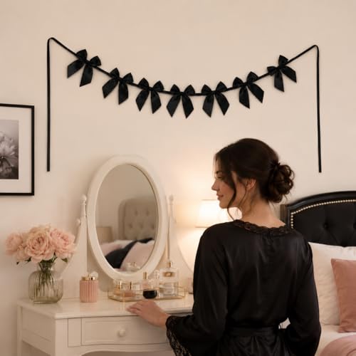 Black Satin Bow Garland - Pre-Strung Party Banner for Celebrations - Black