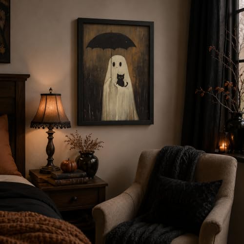 Ghost and Black Cat Wall Art - Framed Halloween Moody Scene 16x12 Inches