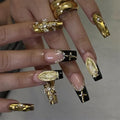 Press On False Nails Long Square Black & Gold Chrome Gothic Cross Charm 24Pcs - Variation H003-03