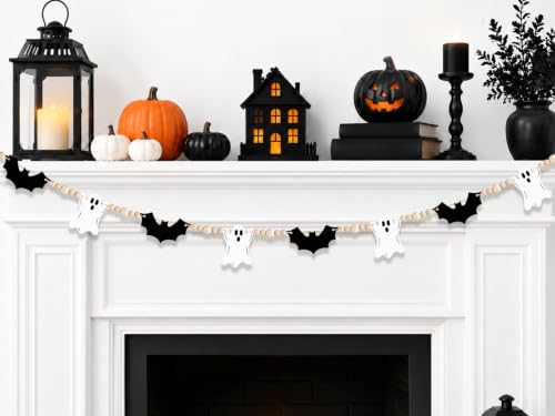 Halloween Ghosts and Bats Beaded Garland - Rustic Farmhouse Decor, 5.7Ft