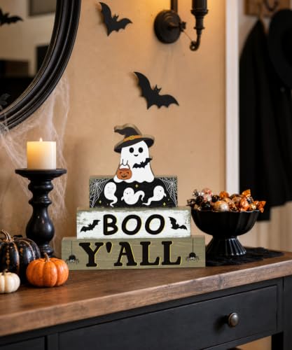 Halloween Wooden Ghost Tiered Tray Decor - Black, Cream & Brown - Putuo Decor