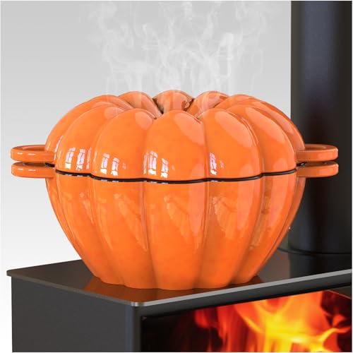 Cast Iron Pumpkin Shape Wood Stove Steamer - 2.4 Quart Fireplace Humidifier, Orange Decor