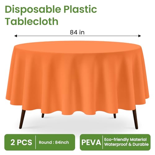 Disposable Orange Round Tablecloths - 84 Inch, 2 Pack, Waterproof & Stain-Resistant