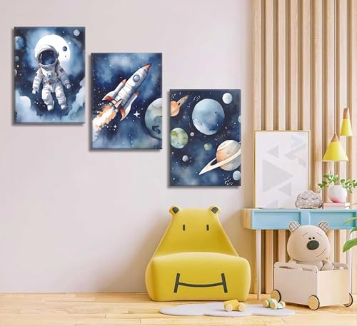 Nursery Space Wall Art - Astronaut Space Posters for Boys Room, 12x16 Blue Canvas Set of 3