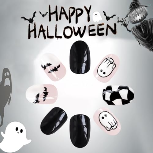 Halloween Press On Nails Short Oval Ghost Bat Design - Style-6, Black Pink