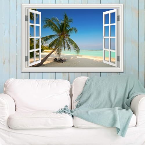 Large Tropical Beach Wall Art - 32x48 Inch Ocean Canvas Picture with Fake Window Frame Style, Coastal Seascape for Living Room & Bedroom - Blue Ocean Scene