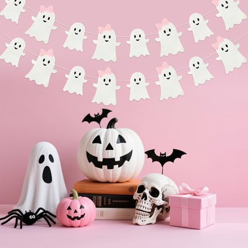 Halloween Ghost Garland Banner - Pink & White Glitter Halloween Decorations - 16 ft Set