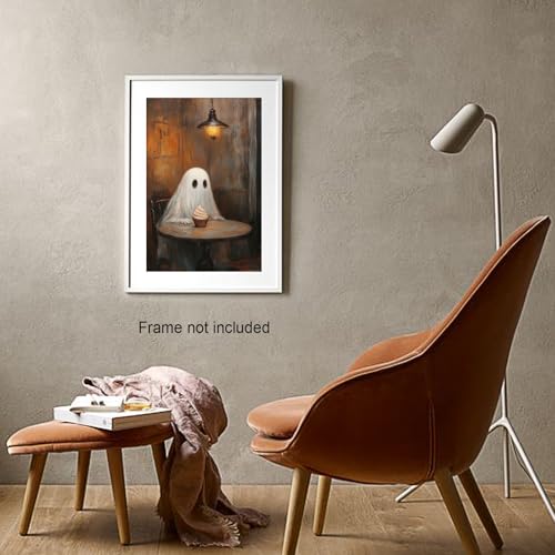 Ghost Eating Cupcake Wall Art Unframed 11x14in - Gothic Rustic Halloween Decor