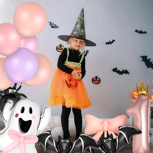 Halloween Birthday Balloon Set - Pink and Black with Bat and Ghost Variations, 12 Pcs