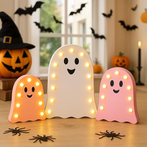 Halloween Ghost LED Table Centerpiece Set - Pink & White Wooden Decor for Home & Party