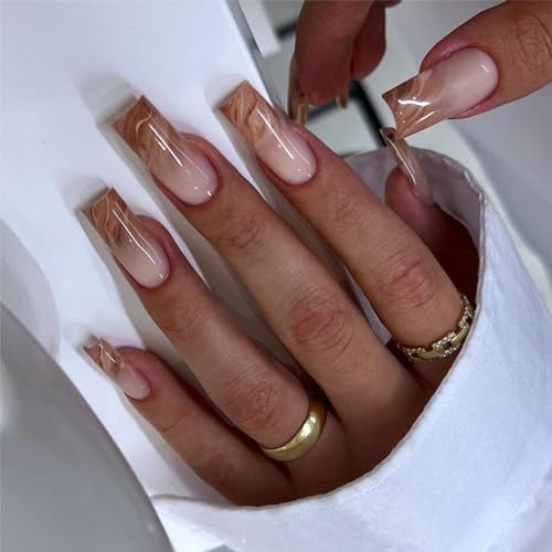 IMRAIN Long Square Press On Nails - Brown Marble Gradient A-19 Variation 24 Pcs