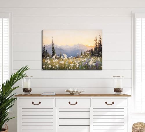 Landscape Canvas Wall Art - 24x16 Inches Sunset Mountain & Wildflowers