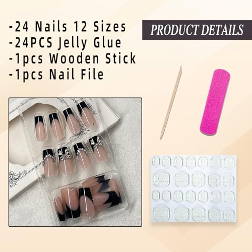 Black French Press On Nails Set with Silver Bow Charms & Rhinestones - Medium Square 24Pcs