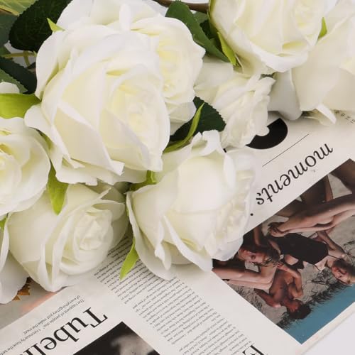 Artificial White Rose Flowers 10PCS Long Stem Fake Bouquet for Wedding & Party Decor