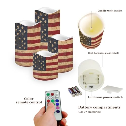 Retro American Flag Flameless Candles Set with Remote & Timer - Color Changing LED Pillars
