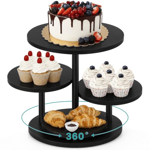 Black 4-Tier Round Cupcake Stand - Wooden Cake Tower with Rotatable Top for Desserts
