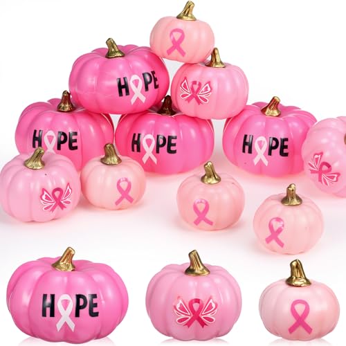 Breast Cancer Awareness Pumpkin Decor Set with Pink Ribbon - Fall Halloween Table Decorations - 12 Faux Foam Pumpkins