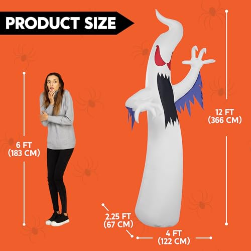 12 Ft Tall Halloween Inflatable Ghost Decor - Blue LED Lights, Outdoor Yard Decoration