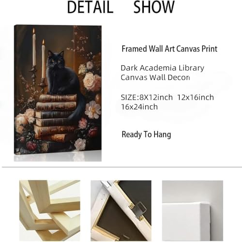Dark Academia Wall Art Black Cat Vintage Book Floral Framed 16x12 inch