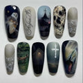 Press On Nails Long Coffin Goth Black with Owl Castle Design - 30 pcs, Variation 01701-22Black