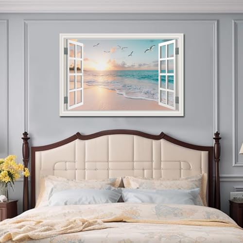 Pink Beach Wall Art Canvas Sunset Seascape for Living Room 36x24 Inches