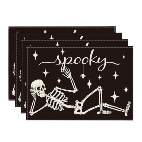 Halloween Skeleton Placemats Set of 4 12x18 Inch Table Mats for Party Dining Decor - Black & Beige